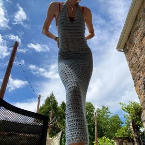 Elegant Blue Crochet Halter Dress